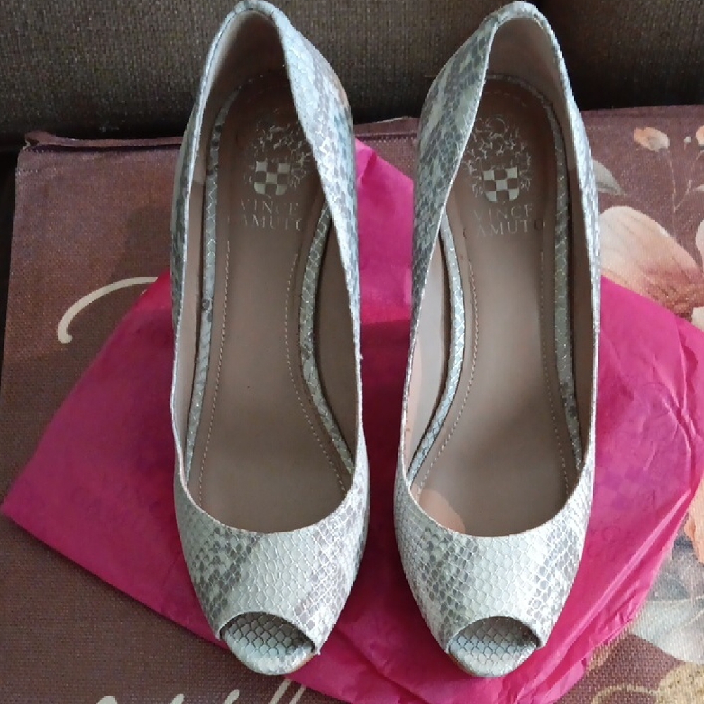 Vince Camuto Snakeskin Peep Toe Heels - Gray